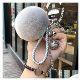 Keychains Lanyards Fluffy Fur Pompom Fashion Charm Cute Purse Bag Pendant Car Keyring Chain Ornaments Gift Leather Rope Keychain Tri Dherl