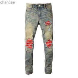 EU Drip Denim Jeans Men's Light Blue Distressed Moustache Red Bandanna Patchwork Slim Fit Damaged Holes Stretch Ripped Jeans LST230831