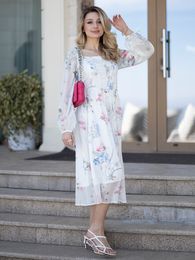 Basic Casual Dresses Chiffon Long Sleeve Flower Beach Dress White Floral Sexy Bodycon Women Elegant Maxi For Summer 2023 230830