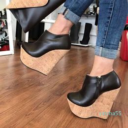 Handmade Women Platform Pumps Zipper Wedges Heels Round Toe Beautiful Black Party Shoes US Plus Size 5-20