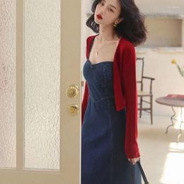 Work Dresses Woman Two Pieces Elegant Set Oversize Sweater Cardigans And Denim Female Knitted Knitwear Outwear Suits G264