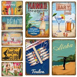 Hawaii Surf Retro Plaque Metal Tin Signs Beach Landscape Wall Art Tin Sign Wall Posters Vintage Room Home Decorations Bar Accessories Decor Interior Size 30X20CM w01