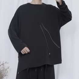 Men's T Shirts Men's Long Sleeve T-Shirt Large Dark Asymmetric Zipper Side Seam Fashion Loose Round Neck Casual