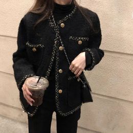 Womens Jackets Korean Style Tweed Women Elegant Blend Wool Coat With Pockets Female Autumn Single Breasted Outwear Office Lady 230301