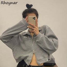 Women's Hoodies Sweatshirt Zipper Turn down Collar Solid Cropped Loose Streetwear Harajuku Casual All match Stylish Female Vintage Cosy 230301