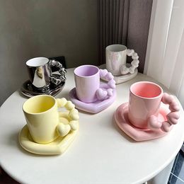 Cups Saucers Creative Heart Coffee Cup With Shape Saucer Yellow Pink Purple Silver Pearl White Ceramic Tea Set Cute Birthday Gifts