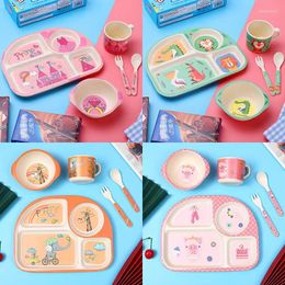 Bowls 5pcs/set Animal Zoo Baby Plate Cartoon Bow Cup Forks Dinnerware Feeding Set Bamboo Fibre Children Tableware