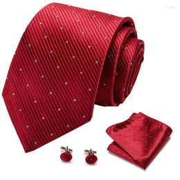 Bow Ties Silk Tie Set For Men Plaid Necktie Sets Cufflik Pocket Square Wine Red Mens Suit Handkerchief Cufflinks