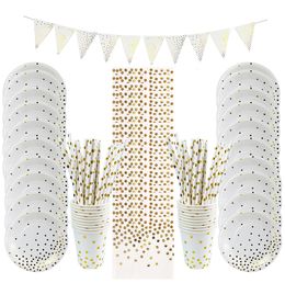 Disposable Flatware Gold Dot Tableware Paper Napkin Cups Knifes Forks Spoons Tablecloth Plates Straws for Wedding Birthday decoration 230228