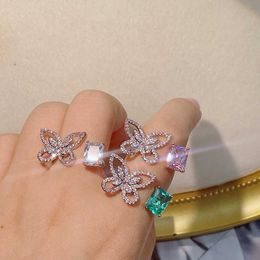 Cluster Rings Trendy Luxury Butterfly Square Cubic Zircon Engagement Finger Rings For Women Wedding DUBAI Bridal Adjust Ring J2138 G230228