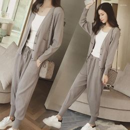 Women's Two Piece Pants 3 Set Women Long Sleeve Cardigans White T-shirt Casual Suit Fall Clothes For 2023 Outfits Tracksuit Korean