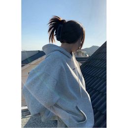Womens Hoodies Sweatshirts Korean Fashion Grey Fleece Thicken Baggy Pullover Pocket Letter Printing Sweatshirt Lazy Casual Raglan Sleeves Hoodie Autumn 230301