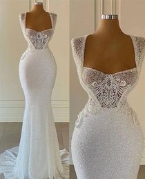Vintage Sequins Mermaid Wedding Dress Beading Short Sleeve Lace Appliques Africa Sweep Train Bridal Gowns Custom Made