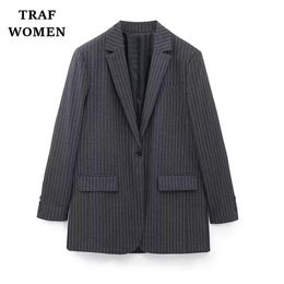 Womens Jackets TRAF coats in Pinstripe Office Suit Jacket Lapel Long Sleeve Pocket Button Classic Females Joker Mujer 230301