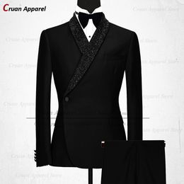 Men's Suits Blazers Luxury Formal Black Wedding Men Suit Set Slim Fit Groomsmen Groom Tuxedo White Designs Shiny Shawl Lapel Blazer Pants 2Pcs 230301