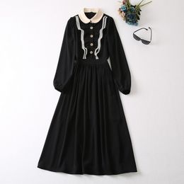 2023 Spring Black Contrast Colour Panelled Dress Long Sleeve Peter Pan Neck Buttons Midi Casual Dresses S3F281130 Plus Size XXL