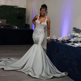 Sliver Mermaid Crystal Prom Dresses 2023 Beads Rhinestone Party Gown For Graduation Ocn Elastic Satin Robe De Soiree 326 326