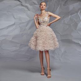 Party Dresses Champagne Elegant Short Homecoming O Neck Appliques Pleated Ruffles Tulle Ball Gown Women Prom Formal Gowns Custom
