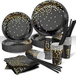 Disposable Dinnerware Paper Black Gold Tableware Party Plates Supplies Sets For Wedding Christmas Thanksgiving Graduation