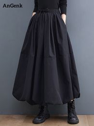 Skirts Black Vintage High Waist Pleated Skirt Women Plus Size Fashion Drawstring Loose Casual Midi Skirts Clothes Autumn Winter 230301
