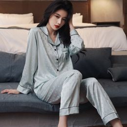 Womens Sleepwear Lisacmvpnel Women Spring And Summer Pyjama Set Thin Ice Silk Wave Dot Jacquard Long Sleeved Home Clothes 230228