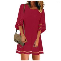 Casual Dresses Women's Vintage Short Skirts 2023 Summer Lace O Neck Mesh Panel Shirt Dress Looses Bell Sleeve Solid Fashion Streetwear
