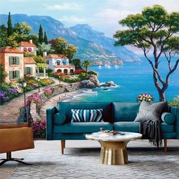 Wallpapers Custom 3D Wall Cloth Mediterranean Seaside Garden Landscape Oil Painting Background Murals Wallpaper For Walls 3 D Frescoes