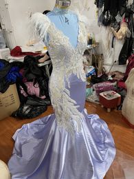 2023 Arabic Aso Ebi Mermaid Lace Prom Dresses Feather Beaded Satin Evening Formal Party Second Reception Birthday Engagement Bridesmaid Gowns Dress ZJ222