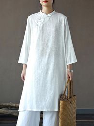 Casual Dresses Female Vintage Jacquard White Dress Elegant Vestidos Autumn Original Stand Seven Sleeve A-Line Chinese Style Button 2023Casua