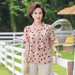 Women's T Shirts Women Summer Chiffon T-shirts Lady Casual Tie Collar Short Puff Sleeve Blusas Tunic Tops Polka Dot 5XL Clothing