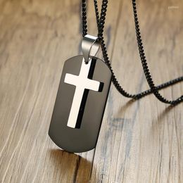 Pendant Necklaces Personalised Men's Black Dog Tag With Cross Name Necklace In Stainless Steel Religious Gifts