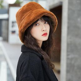 Berets Faux Lamb Wool Winter Bucket Hat Fluffy Fur Soft Warm Fisherman Hats For Men Women Lady Flat Korean Style Casual Cap Female Ha