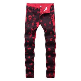 Men's Jeans 2021 New Arrivals Skull Print Tie Dye Men Hip Hop Pencil Jeans Trousers Red Punk Women Casual Slim Denim Pants Pantalones Hombre Z0301