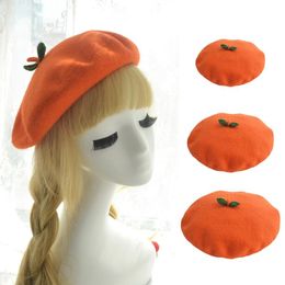 Berets Women Kids Winter Faux Wool Stretchy Beret Cap With Cute Green Leaves Japanese Kawaii Cartoon Orange Fruit Painter Hat