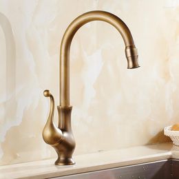 Kitchen Faucets 1PC Antique Brass Brushed Faucet Single Handle Hole 360° Rotatable & Cold Mixer Tap Deck Mount With 2 Hoses