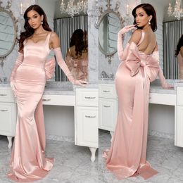 Elegant Prom Dresses Mermaid Square High Waist Solid Colour Satin Big Bow Behind Backless Custom Made Backless Floor Length Evening Dress Plus Size Vestido De Noite