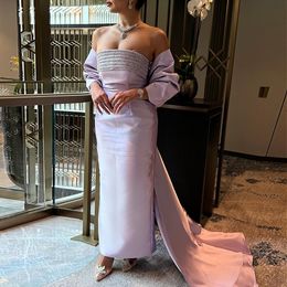 Elegant Ankle Length Sheath Evening Dresses With Detachable Train Crystal Beading Lilac Satin Arabic Simple Formal Party Gowns Women Prom Dress