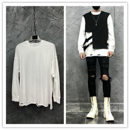 Men's T Shirts Fall Men's Loose Solid-color T-shirt Collar Wash Holes Long-sleeved Make-up Shirt High Street Fashion White Inside