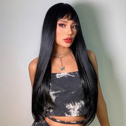 Fashion women's air bangs black long straight hair chemical fiber wig headgear wigs 230301