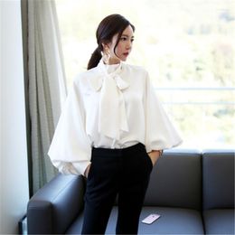 Women's Blouses Korean Pattern Women Shirt Chic Lantern Sleeve Loose Tops Neckline Bow High Quality Elegant Vestidos