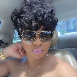 Black Short Wavy bob human Hair Wigs for Black Women Short Curly Pixie Cut Wigs with Bangs Natural Daily Full lace Cute Curly Pixie Wig Fluffy 150%