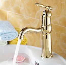 Bathroom Sink Faucets Polished Luxury Gold Colour Brass Single Hole Deck Mounted Swivel Spout Basin Faucet & Kitchen Mixer Taps Wnf296