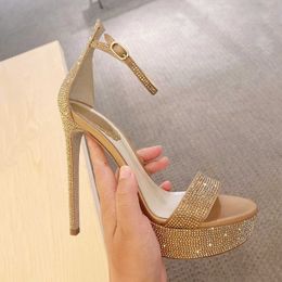 Bling Gold Rhinestone Platform Women Dress Shoes Stiletto Buckle Open Cover Heel Shallow Crystal Party Bordered Design SandalsL230301