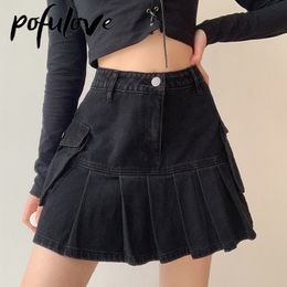 Skirts Jeans Mini Skirt Goth Denim Pleated Skirts with Big Pockets Women Girl Summer Punk Y2K Black Faldas High Waist Korean Fashion 230301