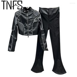 Women's Two Piece Pants TNFS Women Pant Sets Colour Matching Short Pu Leather Coats Jacket Splicing Vintage Long Flare Black Two-piece Suit