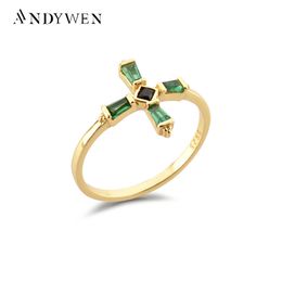 Cluster Rings ANDYWEN 925 Sterling Silver Black Cross Luxury Ring Jewellery Fine Jewellery 2021 Wedding Jewels Slim Size Crystal Green Anillo Fino G230228