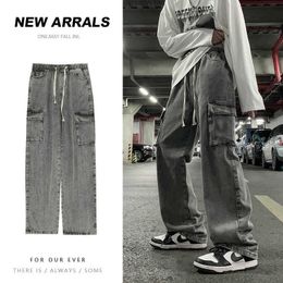 Men's Jeans Drawstring Cargo Jeans Men Fashion Retro Pocket Jeans Men Japanese Streetwear Hip Hop Straight Denim Pants Mens Trousers M3XL Z0301