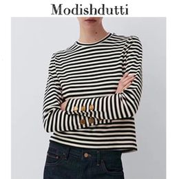 Women's Sweaters Modishdutti Autumn Women Fashion Striped Knitted Sweater Female Chic Button Simple Casual Pullover Tops 230301