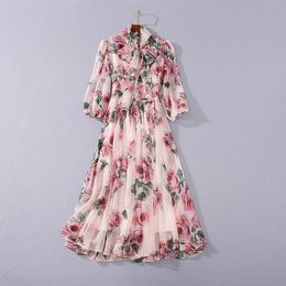 Spring 3/4 Sleeve Round Neck Pink Dress Floral Print Chiffon Ribbon Tie Bow Panelled Mid-Calf Elegant Casual Dresses 21D160723
