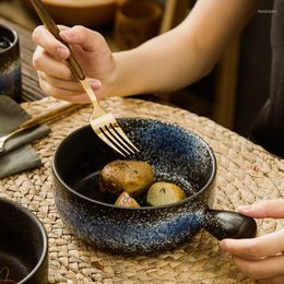 Bowls FANCITY Japanese Style Single Handle Oven Tray Baking Simple Creative Ceramic Salad Ramen Noodle Bowl